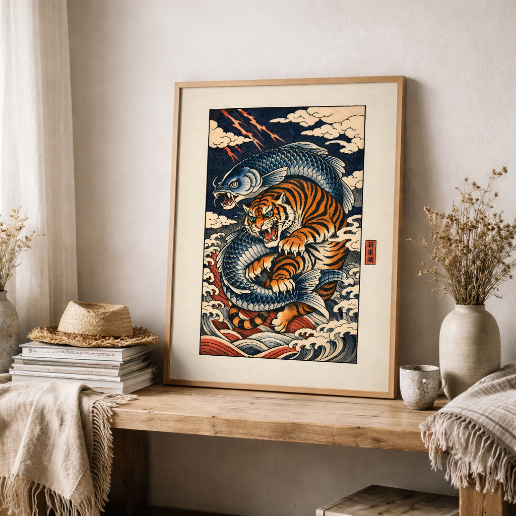 Framed Japanese tiger and ocean wave art print placed on a Scandinavian style shelf with light wood tones and soft neutral fabrics. The vivid orange tiger coils through dramatic navy waves, combining traditional woodblock aesthetics with minimalist interior design. This wildlife wall art serves as a bold focal point in a calm, modern setting.