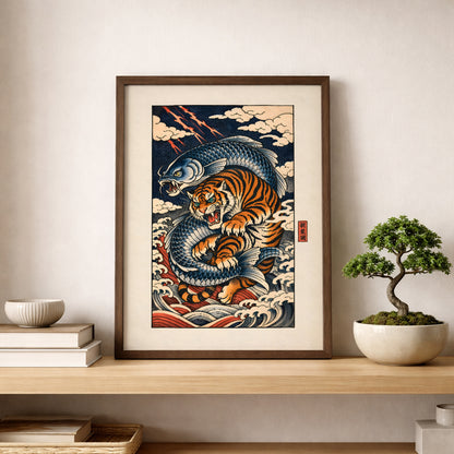 Framed Japanese tiger and wave print displayed on a wooden shelf beside a small bonsai plant. The detailed orange tiger twists through stylised indigo waves, reflecting traditional Asian woodblock art influences. Neutral interior styling and natural textures highlight this striking wildlife wall art as a balanced blend of Japanese design and modern décor.