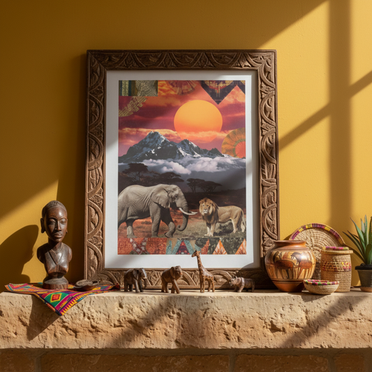 Kenyan Cultural Collage Art Print Inspired by African Landscapes and Wildlife