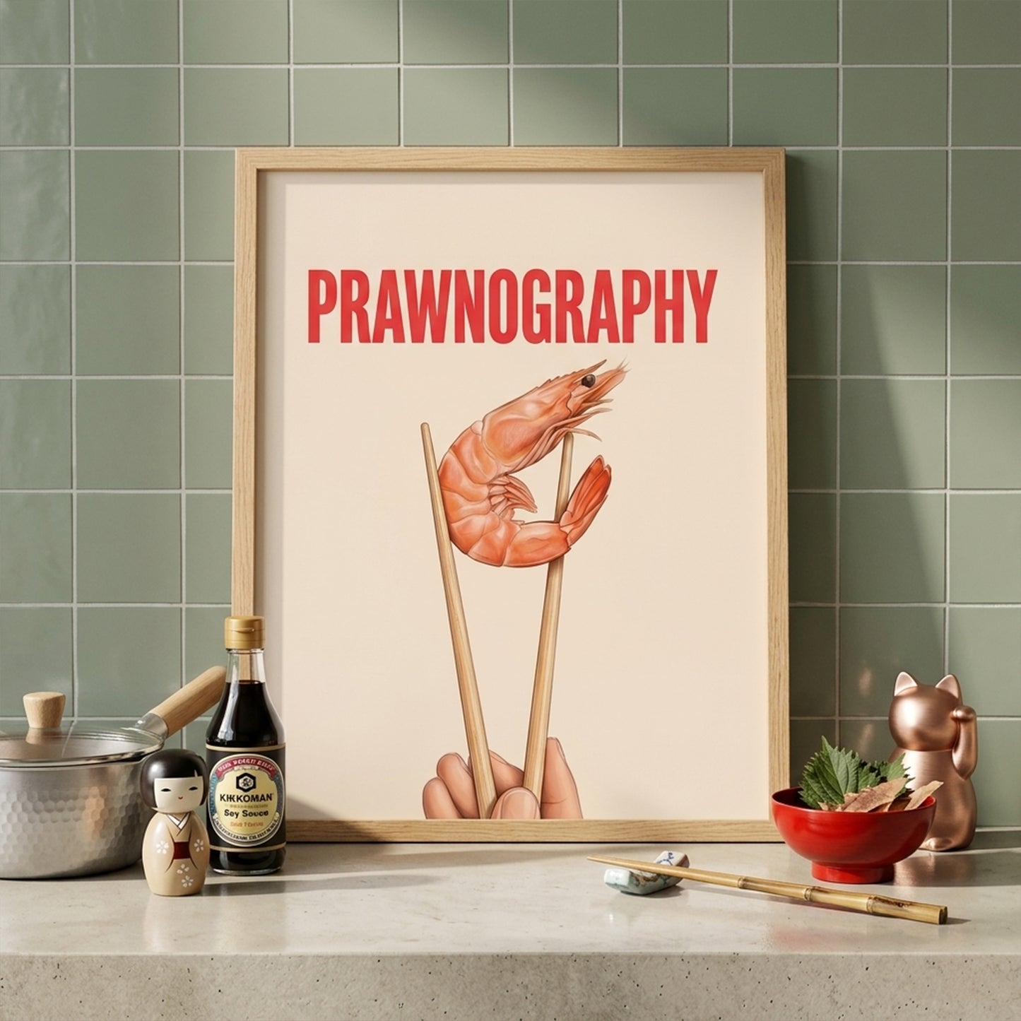 Prawnography shrimp food poster styled on a kitchen mantle or shelf against green tiled walls. The print sits in a light wood frame and shows a prawn held in chopsticks beneath bold red PRAWNOGRAPHY text on a cream background. Surrounded by kitchen items, bottles and bowls, it reads as funny kitchen wall art, seafood decor and modern typography art for cooking spaces, dining areas and shelves.