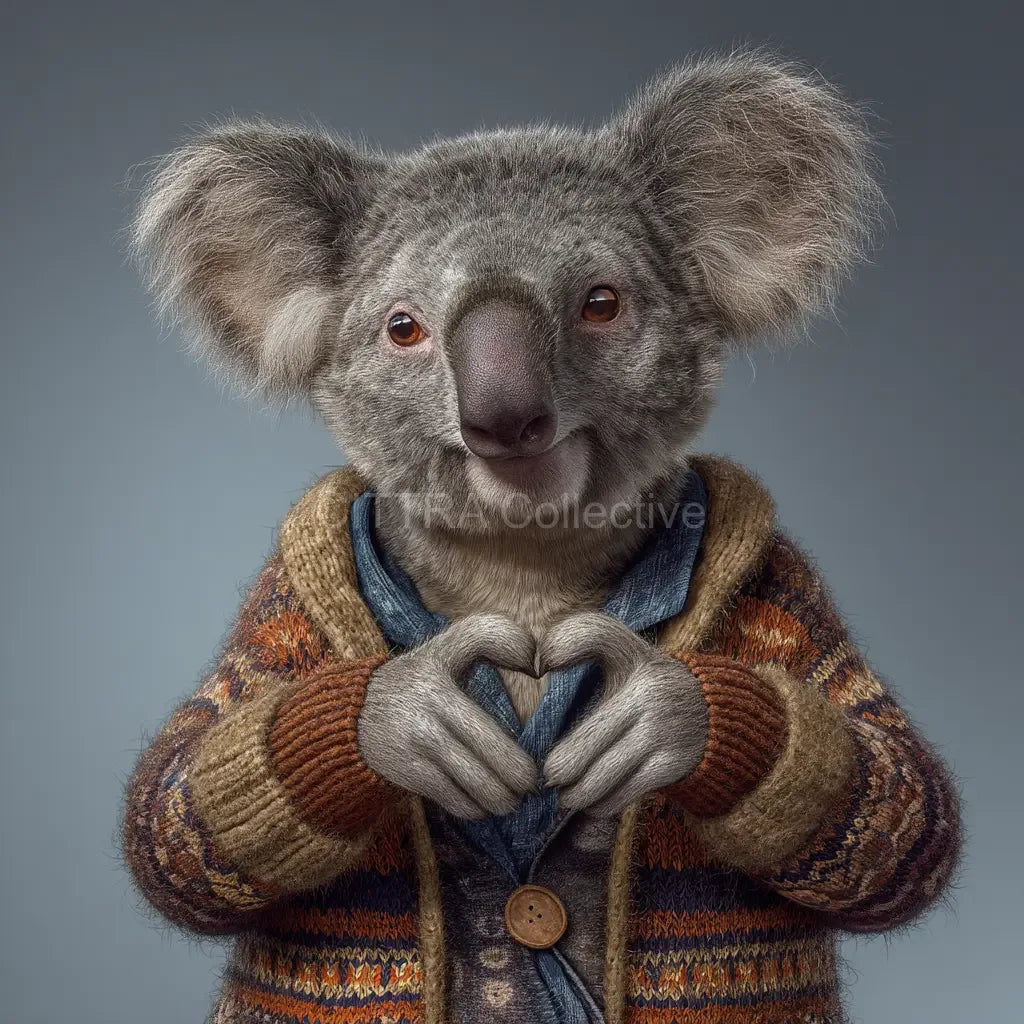 Hyper-realistic koala making heart shape in knitted jumper - Midjourney AI art prompt example