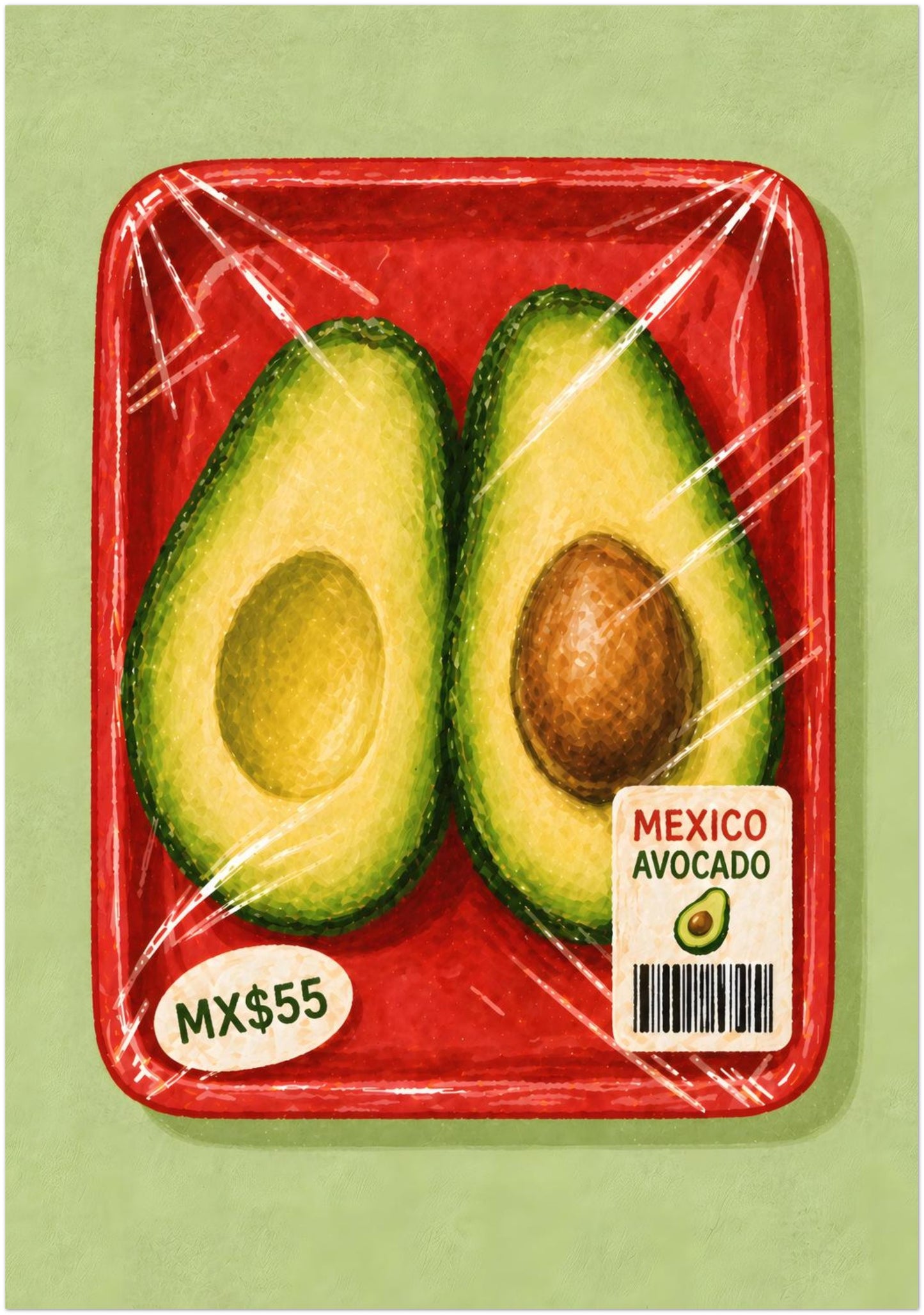Large 28 x 40 inch unframed Mexican avocado kitchen poster with two avocado halves, clear wrapping, a red produce tray and pale green background.