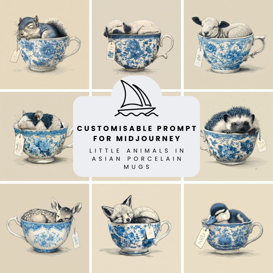 Collection of cute little animals sleeping inside asian blue and white porcelain ceramic mugs