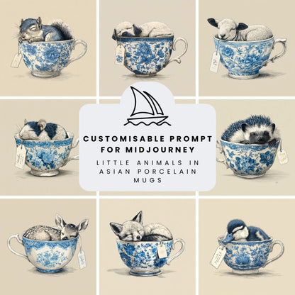 Collection of cute little animals sleeping inside asian blue and white porcelain ceramic mugs