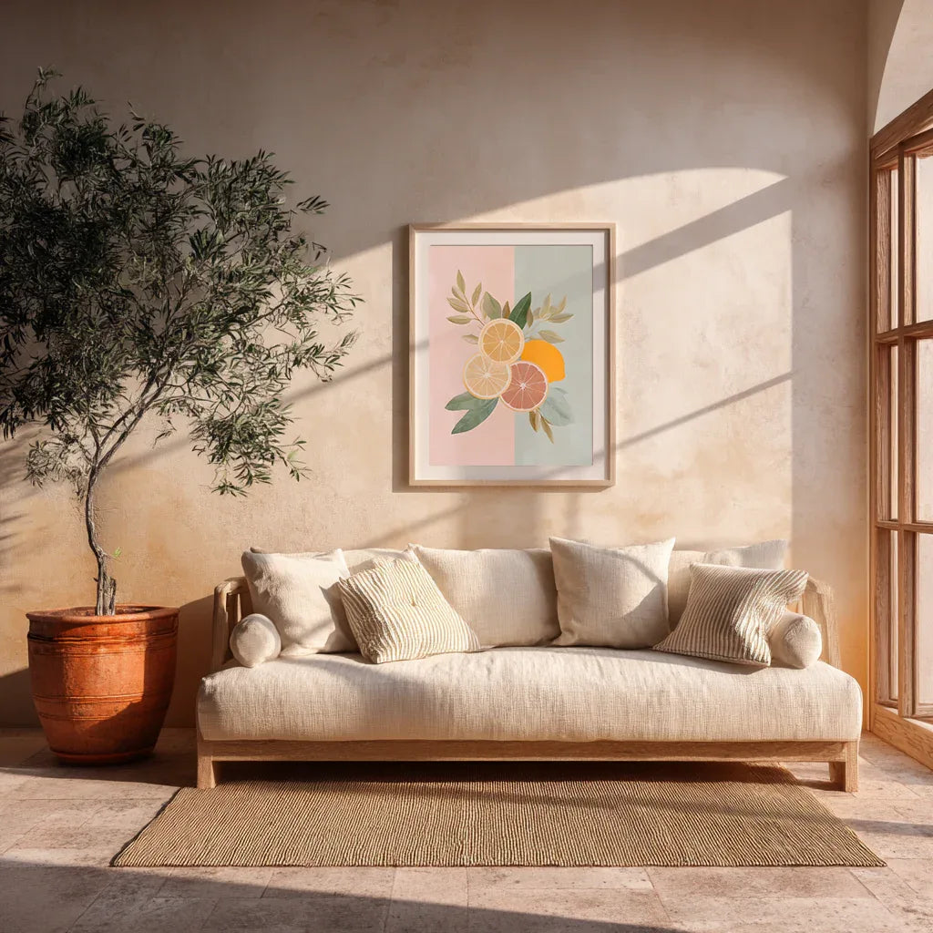 Pastel citrus illustration in a wooden frame displayed above a sofa in a bright living room, showing how the artwork adds soft colour, calm tones and a modern aesthetic within a warm, sunlit interior.