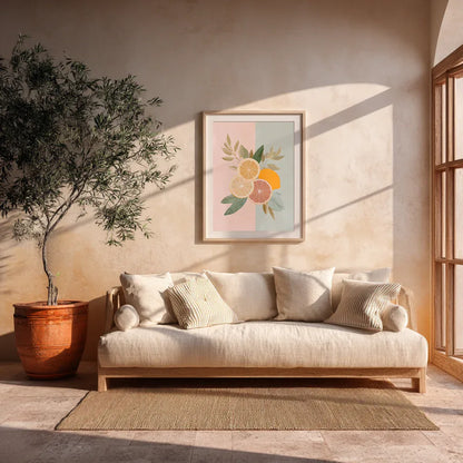 Pastel citrus illustration in a wooden frame displayed above a sofa in a bright living room, showing how the artwork adds soft colour, calm tones and a modern aesthetic within a warm, sunlit interior.