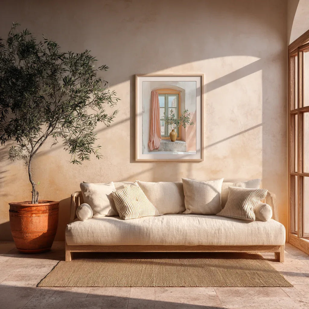 Pastel window-scene wall art displayed in a warm living room with neutral sofa, sunlight patterns and indoor plants, illustrating how the artwork integrates with calm Mediterranean-inspired interiors.