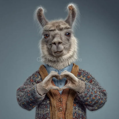 Hyper-realistic llama making heart shape in knitted jumper - Midjourney AI art prompt example