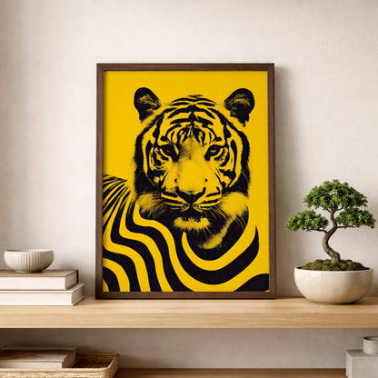 Malaysian tiger poster displayed on a wooden shelf beside a small bonsai plant and stacked books in a minimalist interior setting. The artwork shows a bold black tiger portrait with flowing striped graphic patterns on a vivid yellow background, creating a contemporary wildlife wall art print inspired by Malaysia’s national animal.