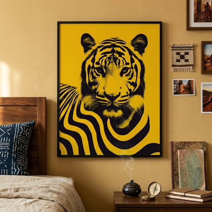 Modern living room scene with Malaysian tiger wall art displayed above a mantle surrounded by framed pictures and interior decor. The poster shows a bold black tiger portrait with graphic flowing stripes on a vibrant yellow background, creating a strong contemporary wildlife artwork inspired by Malaysia’s national animal and modern cultural poster design.