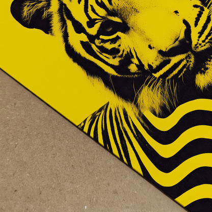 Close-up detail of the Malaysian tiger art print showing the textured paper surface and bold black graphic tiger illustration on a vibrant yellow background. The flowing striped patterns create a dynamic contemporary wildlife poster inspired by Malaysia’s national animal, highlighting print quality, contrast and modern wall art design.