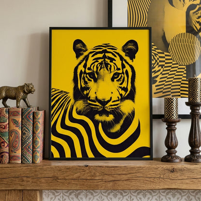 Malaysian tiger wall art poster styled on a living room mantle shelf with decorative books and interior accents. The artwork features a striking black tiger portrait with flowing striped patterns on a bright yellow background, creating a bold contemporary wildlife print inspired by Malaysia’s national animal and designed for modern home decor displays.
