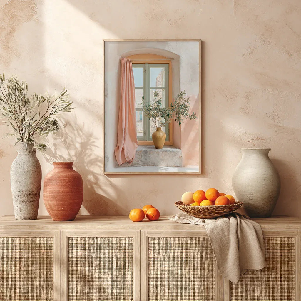 Window-view pastel art hanging above a styled mantel with ceramics, foliage and citrus accents, photographed with warm natural light to demonstrate texture, colour accuracy and home styling inspiration.