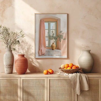 Window-view pastel art hanging above a styled mantel with ceramics, foliage and citrus accents, photographed with warm natural light to demonstrate texture, colour accuracy and home styling inspiration.