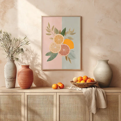 Pastel citrus wall art framed and styled on a mantel with ceramics and fruit décor, demonstrating how the print’s soft palette blends with natural materials in a contemporary, earthy home setting.