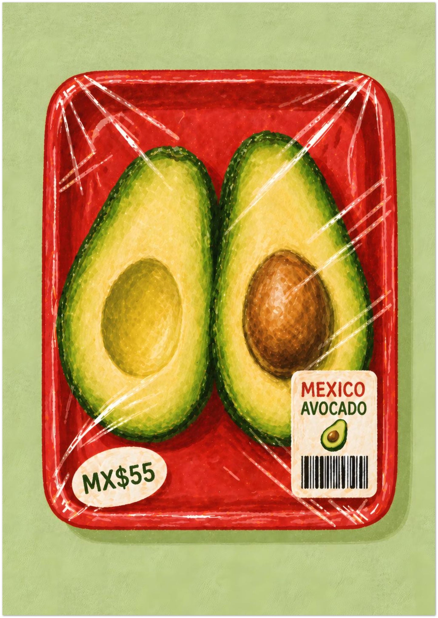 8 x 12 inch unframed Mexican avocado food poster with two green avocado halves, red supermarket packaging, an MX$55 sticker and a pale green background.