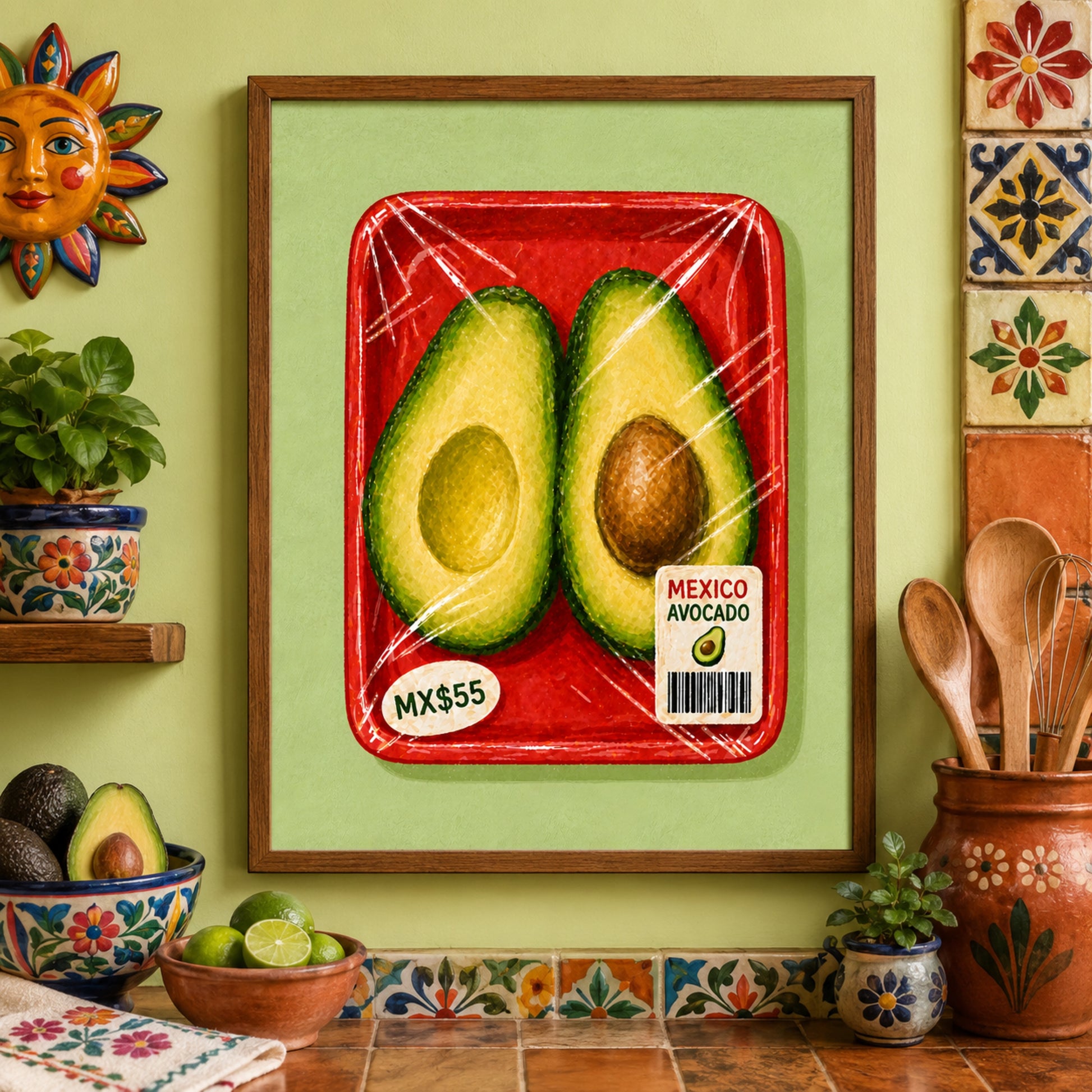 Mexican avocado kitchen print in a wooden frame, styled in a colourful room with patterned tiles, flowers, pottery and collected cultural decor.
