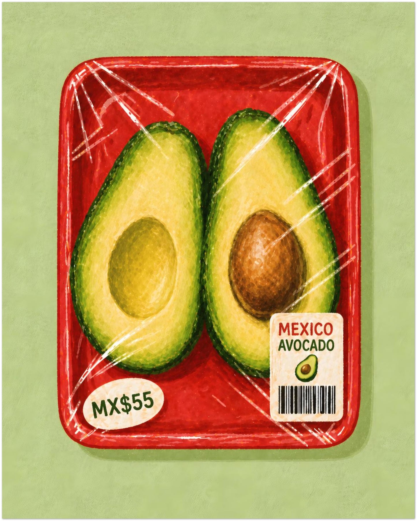 8 x 10 inch unframed Mexican avocado kitchen print showing two avocado halves in clear packaging on a red produce tray with a price sticker and label.