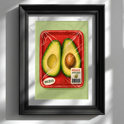Mexican avocado kitchen print in a deep black frame with a white mount, displayed on a white wall with strong natural sunlight and diagonal shadows.