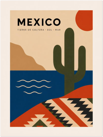 Unframed 12 x 16 inch Mexican travel poster featuring a tall cactus, bright red sun, blue sea, sandy desert forms and bold geometric decoration. The simple portrait composition, rich colours and cream background create distinctive Mexico wall art for modern homes, bedrooms, offices, hallways and colourful gallery displays.