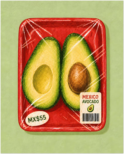 16 x 20 inch unframed Mexican food illustration of two avocado halves wrapped on a red produce tray with a barcode label and MX$55 price sticker.