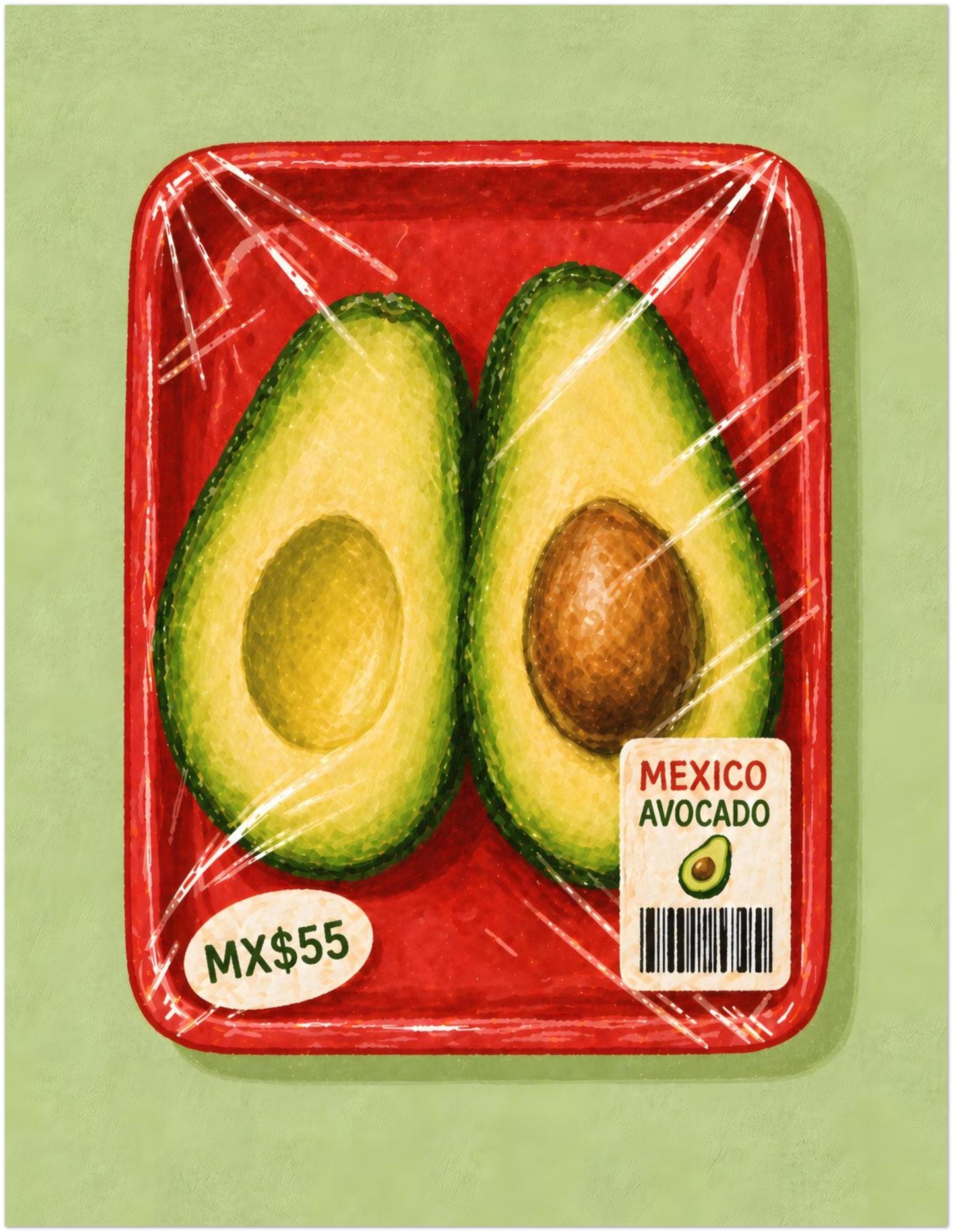11 x 14 inch unframed Mexico avocado wall art showing sliced avocados sealed on a red produce tray with illustrated packaging labels and barcode.