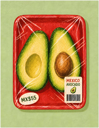 11 x 14 inch unframed Mexico avocado wall art showing sliced avocados sealed on a red produce tray with illustrated packaging labels and barcode.