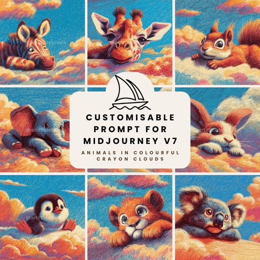 Midjourney Prompt: AI Generated Crayon Animals Floating on Clouds - CITTRA Collective