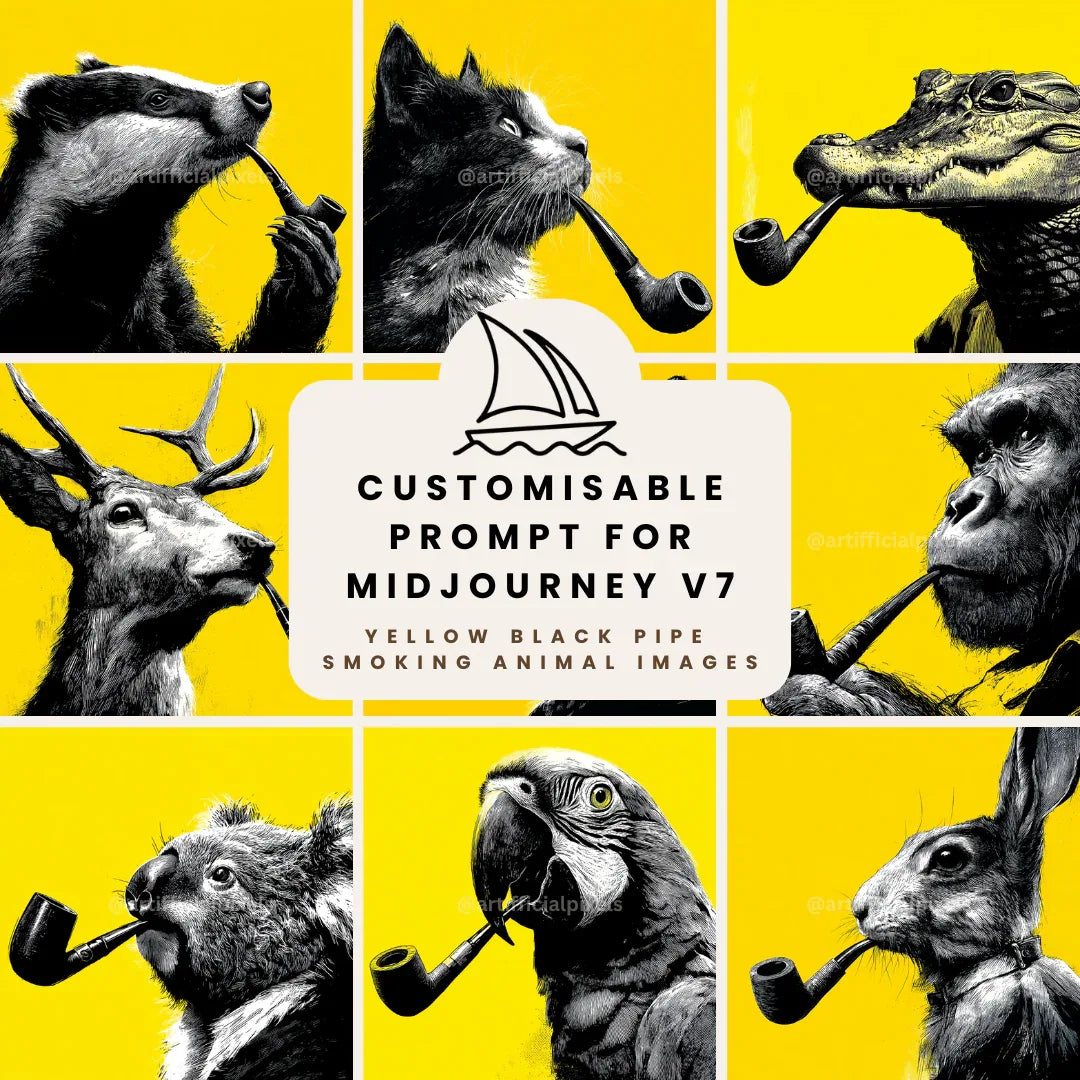 midjourney-generated-vintage-pop-art-portrait-of-a-pipe-smoking-animals-in-profile-on-a-yellow-background