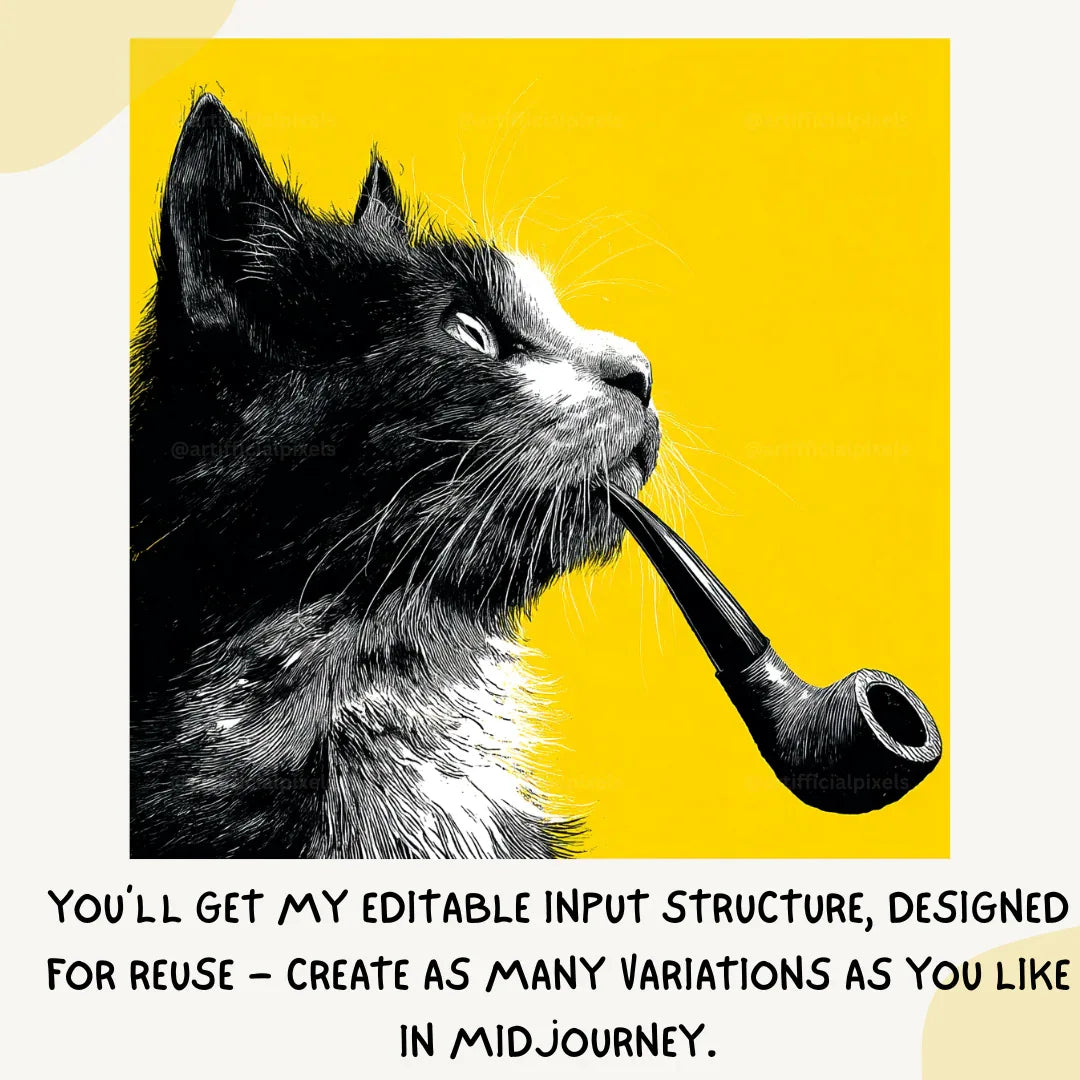 midjourney-generated-vintage-pop-art-portrait-of-a-pipe-smoking-cat-in-profile-on-a-yellow-background