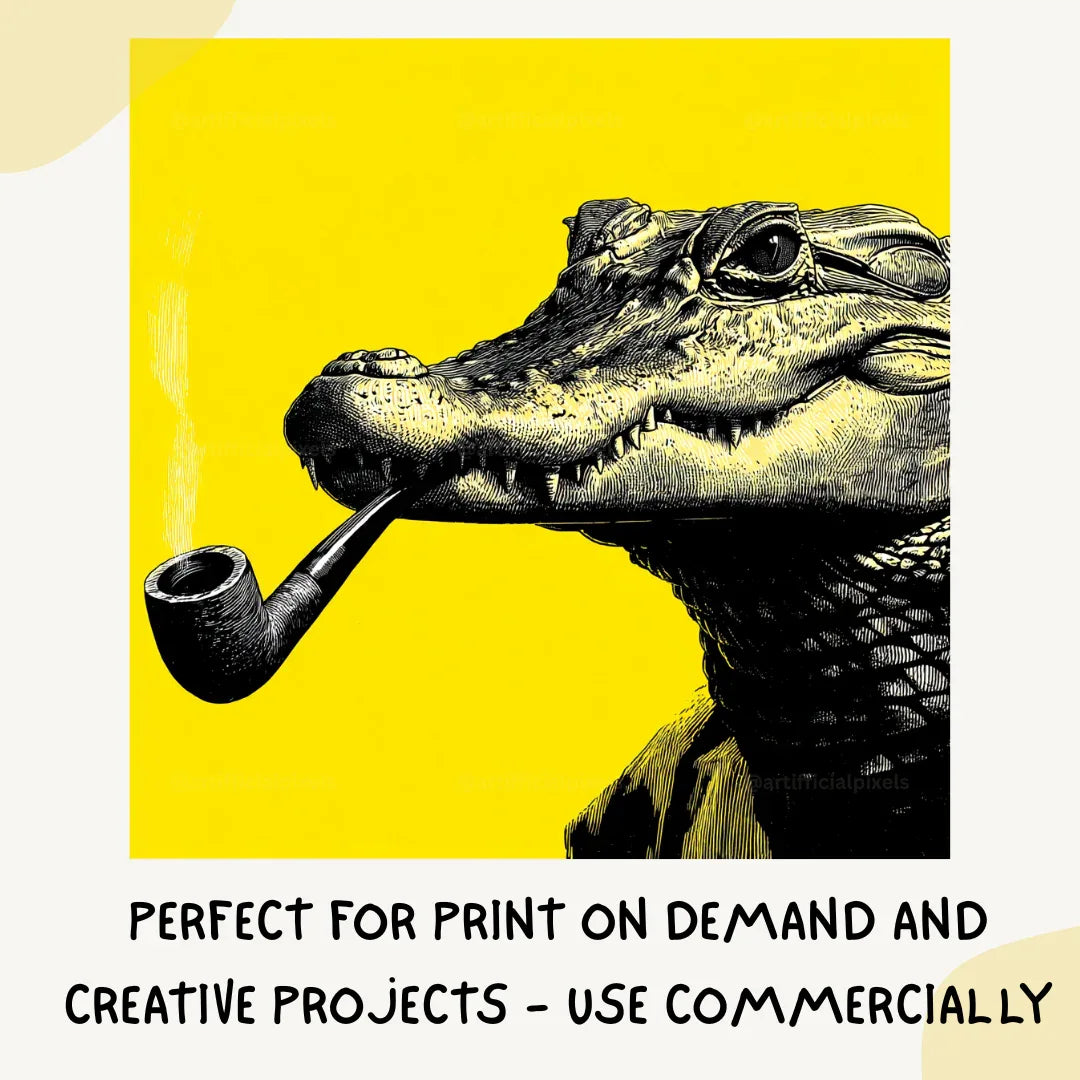 midjourney-generated-vintage-pop-art-portrait-of-a-pipe-smoking-crocodile-in-profile-on-a-yellow-background