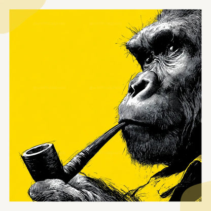 midjourney-generated-vintage-pop-art-portrait-of-a-pipe-smoking-gorilla-in-profile-on-a-yellow-background