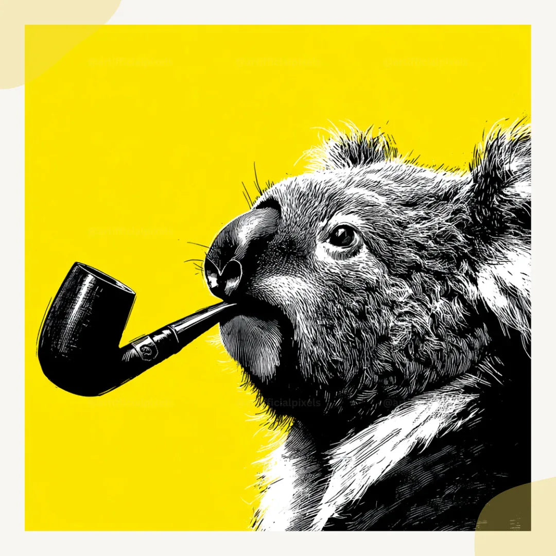 midjourney-generated-vintage-pop-art-portrait-of-a-pipe-smoking-koala-in-profile-on-a-yellow-background