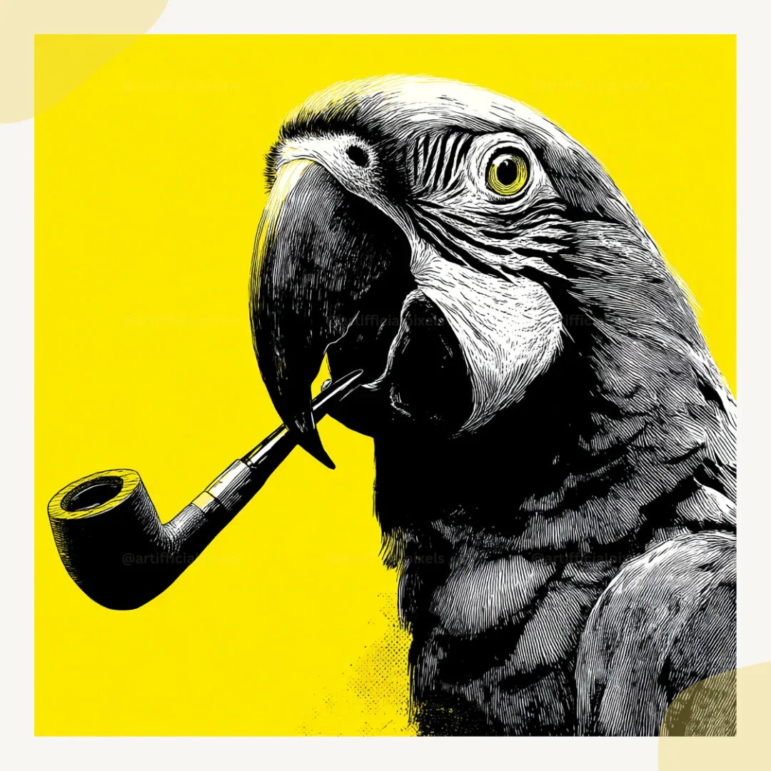 midjourney-generated-vintage-pop-art-portrait-of-a-pipe-smoking-parrot-in-profile-on-a-yellow-background