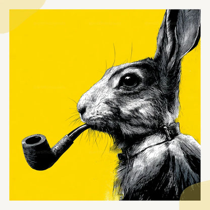 midjourney-generated-vintage-pop-art-portrait-of-a-pipe-smoking-rabbit-in-profile-on-a-yellow-background