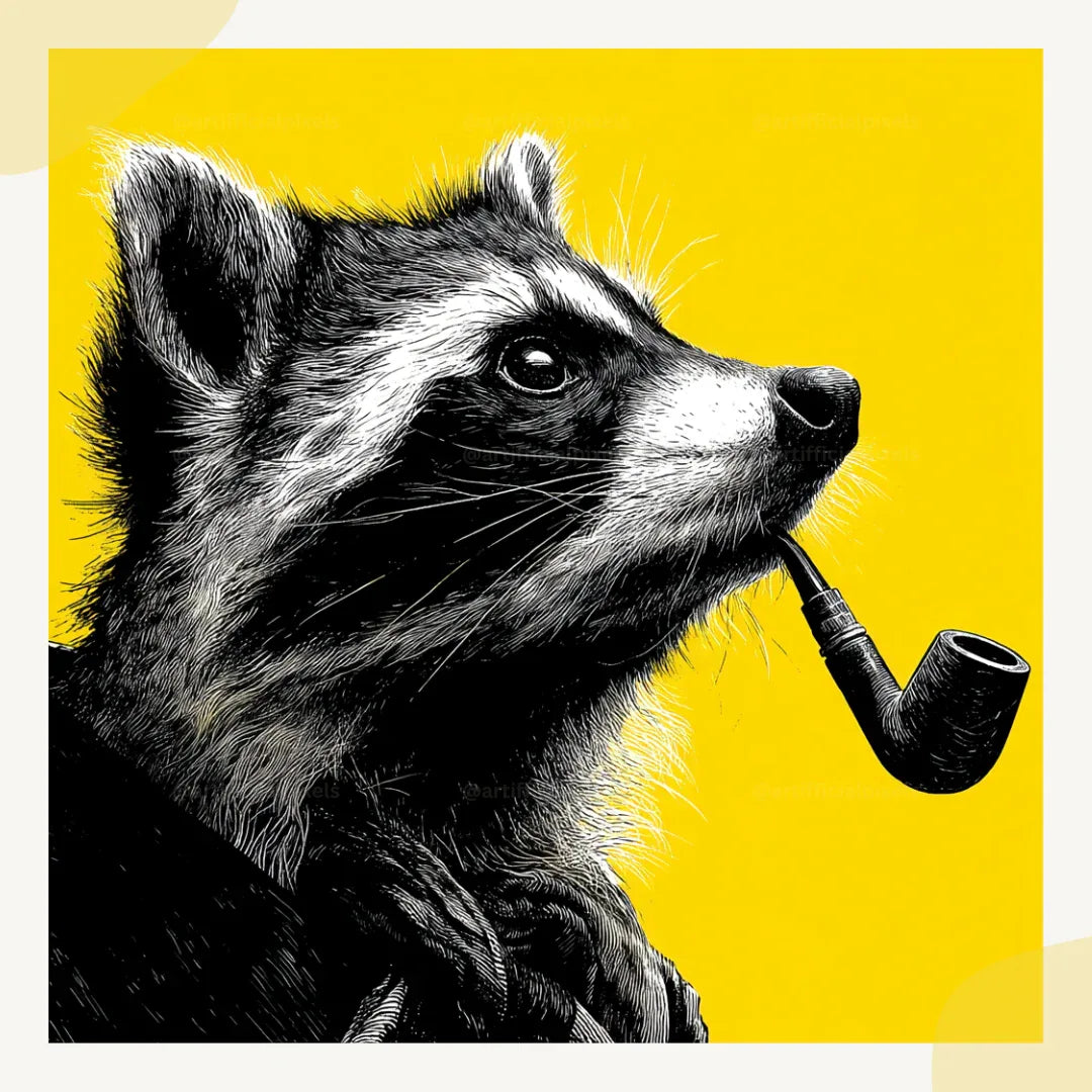 midjourney-generated-vintage-pop-art-portrait-of-a-pipe-smoking-raccoon-in-profile-on-a-yellow-background