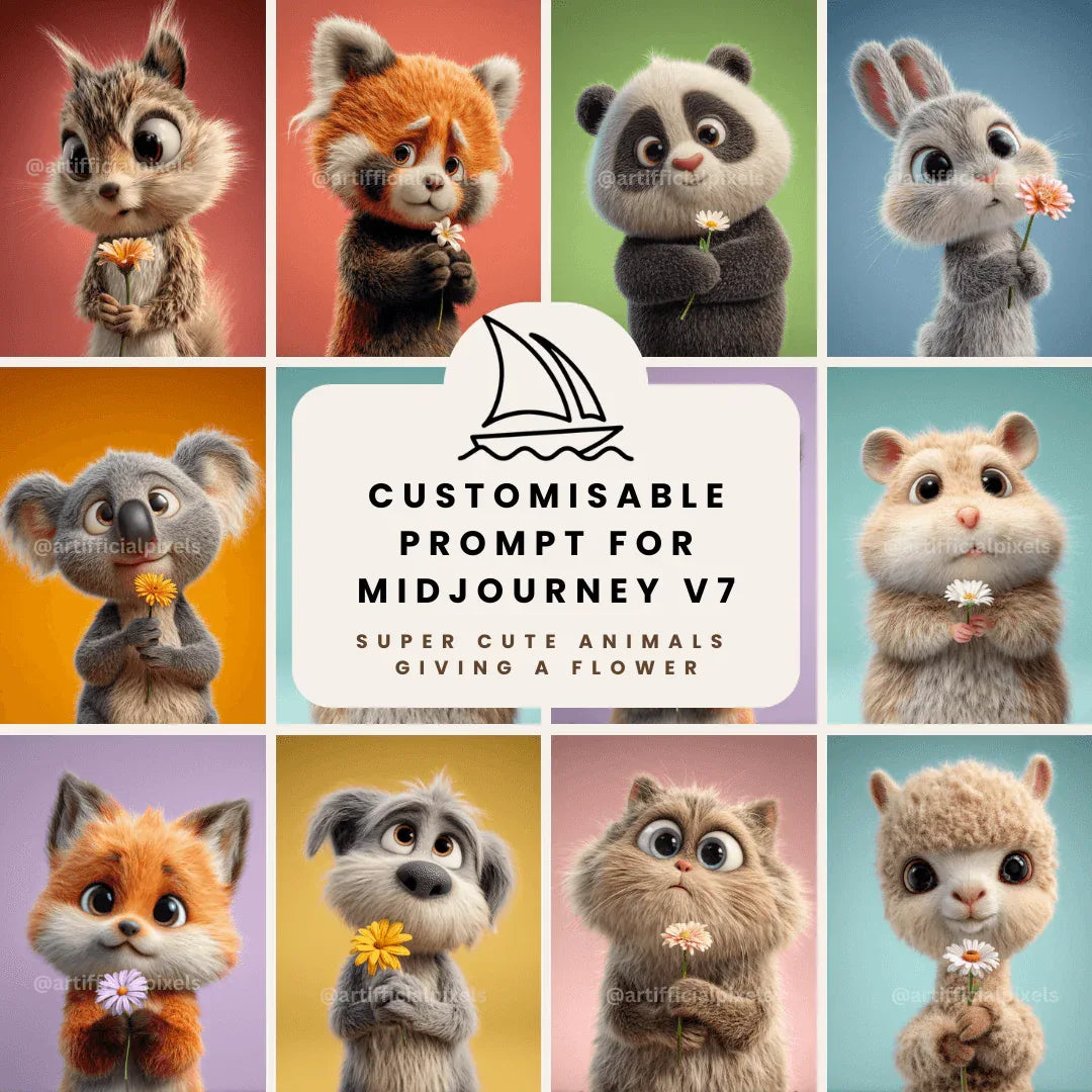 Midjourney prompt template for creating adorable Pixar-style AI generated animals with commercial rights

