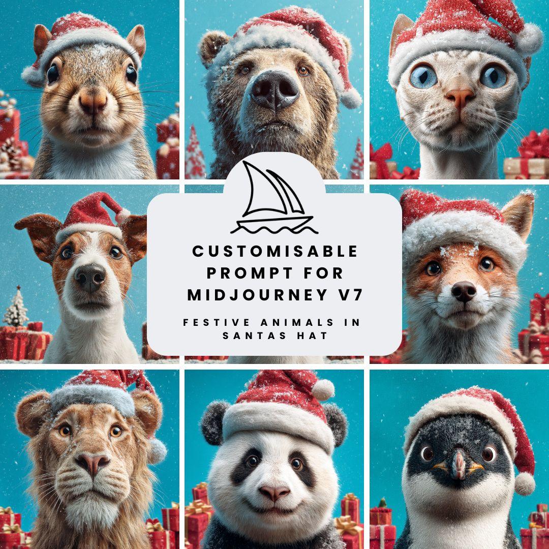 Portraits of Festive Animals Wearing Santa Hats | Midjourney Prompt Bundle - CITTRA Collective