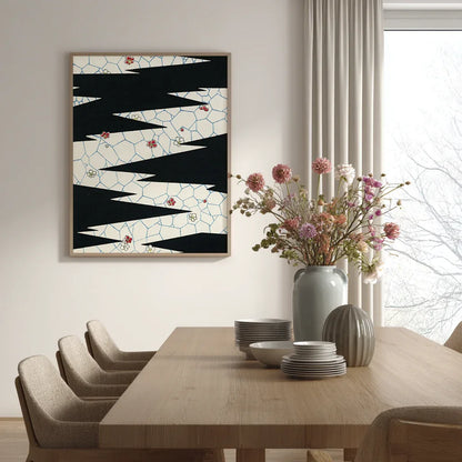 Abstract black and cream zigzag print framed and displayed in a minimalist dining room. Modern wall art styled with neutral tones and wooden furniture, perfect for contemporary interiors.