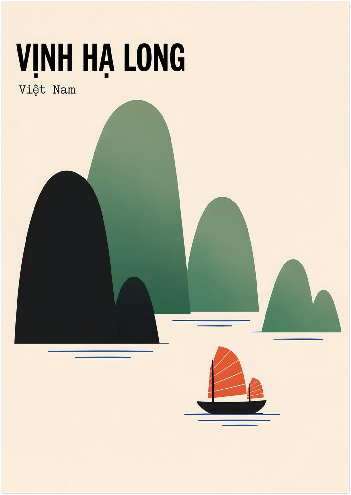Unframed 8 x 12 inch Vietnam travel print featuring Ha Long Bay’s distinctive limestone islands in deep black, forest green and soft sage. A small traditional boat with bright red-orange sails crosses the pale blue water beneath Vinh Ha Long lettering, creating minimalist coastal wall art with a clean mid-century poster style.