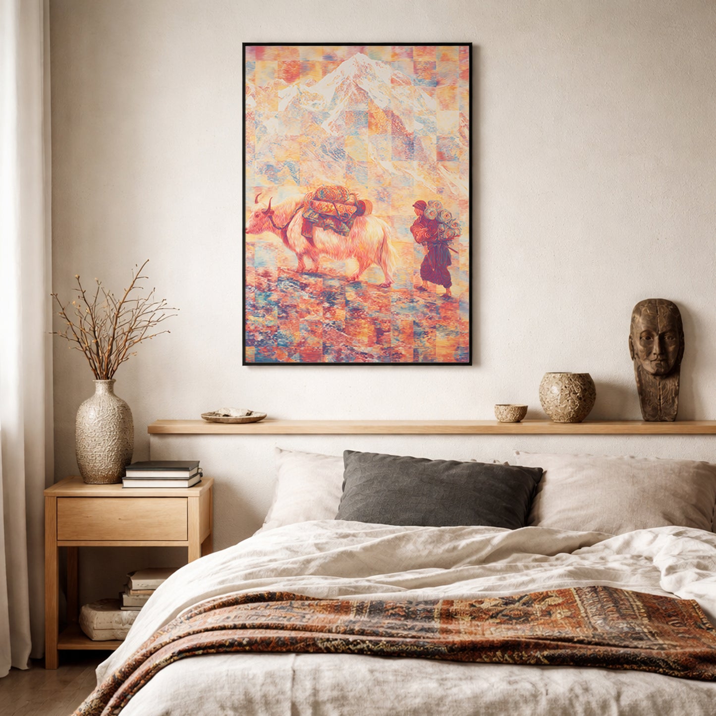 Mount Everest wall art hung in a bedroom, showing a Tibetan yak and traveler rendered in psychedelic contour lines. Himalayan folk art print that adds a sense of travel, culture, and quiet adventure to sleeping spaces.
