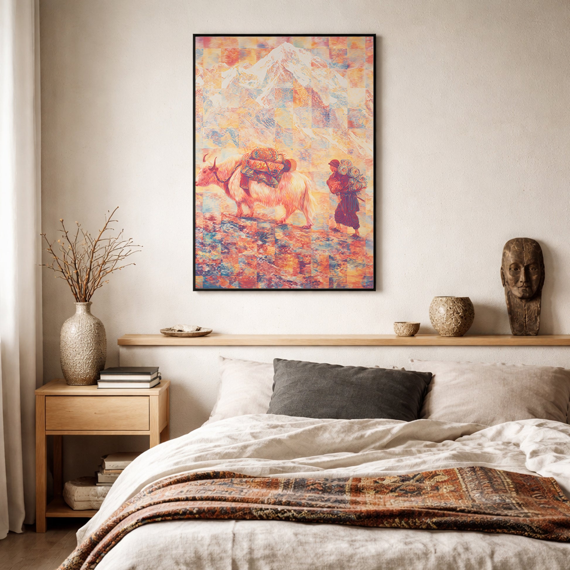Mount Everest wall art hung in a bedroom, showing a Tibetan yak and traveler rendered in psychedelic contour lines. Himalayan folk art print that adds a sense of travel, culture, and quiet adventure to sleeping spaces.