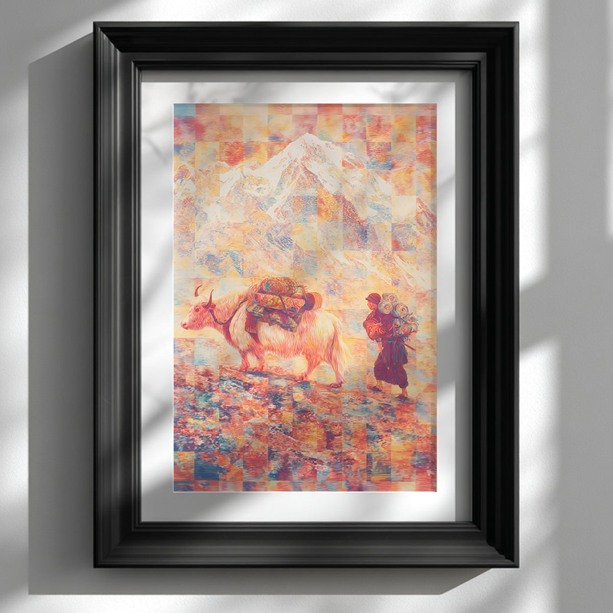 Framed Mount Everest poster featuring a Tibetan yak and traveler in a psychedelic contour-line illustration, displayed in a black frame on a white wall. Cultural Himalayan wall art blending surreal travel imagery with modern interior styling.