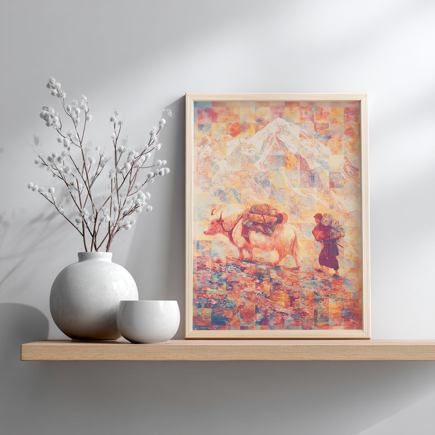 Close-up detail of Mount Everest art print revealing textured paper and psychedelic contour-line illustration. Abstract Himalayan yak artwork with layered colour, showing print depth and fine line detail.