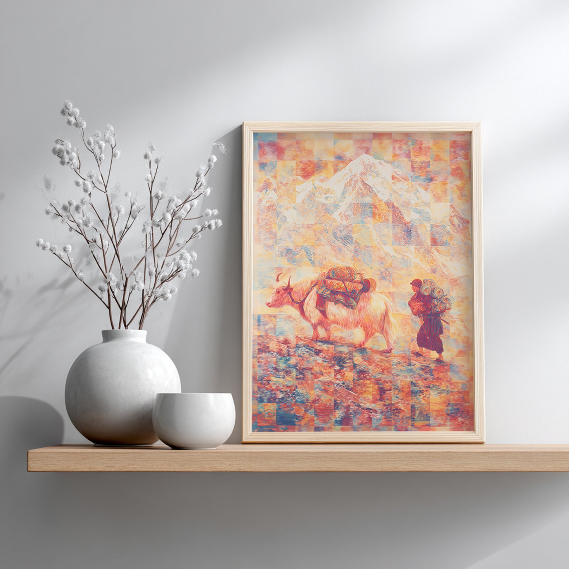 Close-up detail of Mount Everest art print revealing textured paper and psychedelic contour-line illustration. Abstract Himalayan yak artwork with layered colour, showing print depth and fine line detail.