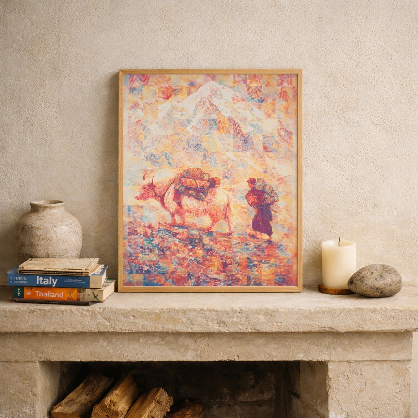 Mount Everest poster styled on a fireplace mantel, featuring a Tibetan yak journey through the Himalayas. Psychedelic Everest wall art with contour-line textures, blending cultural travel themes with warm, modern interior decor.