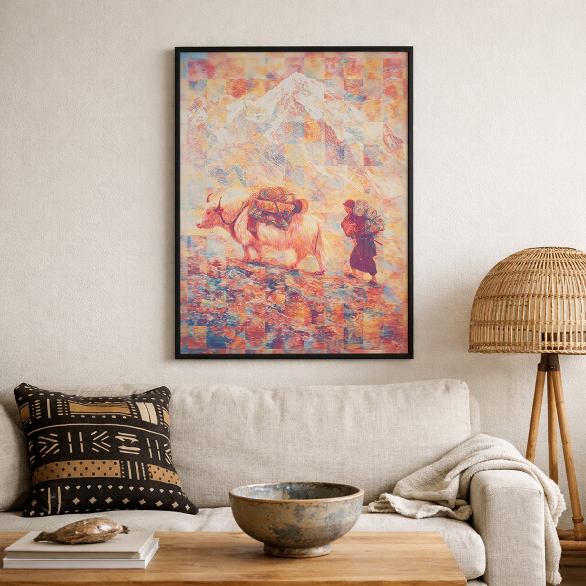 Mount Everest poster displayed in a living room, featuring a Tibetan yak in a surreal Himalayan landscape. Psychedelic Everest illustration designed as cultural wall art for modern, travel-inspired interiors.