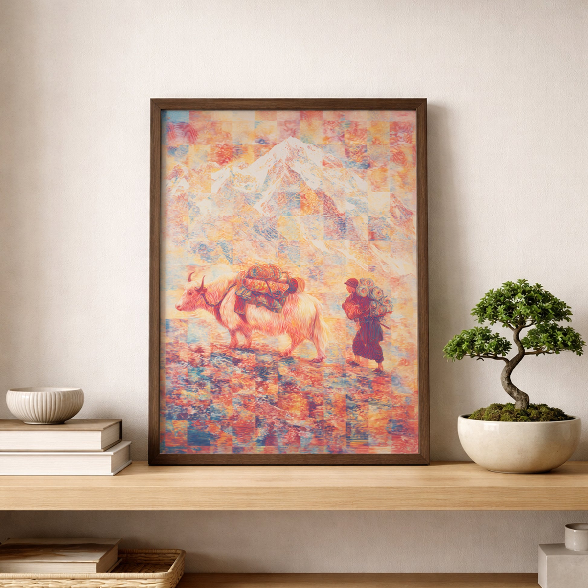 Mount Everest wall art displayed on a shelf beside a bonsai plant, showing a Tibetan yak and traveler in a surreal Himalayan landscape. Psychedelic Tibet travel art that pairs cultural storytelling with minimalist styling.