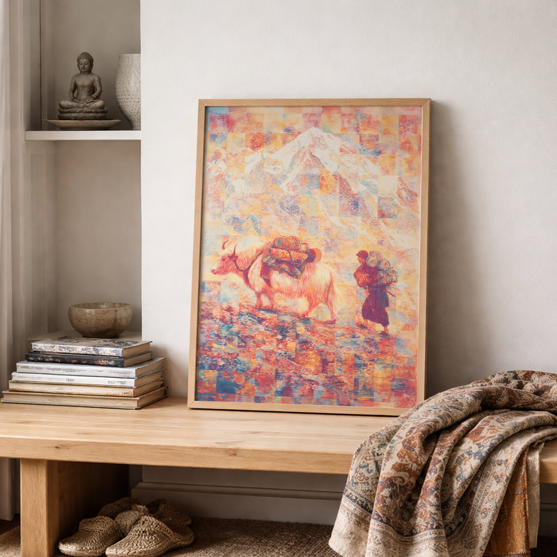 Unframed Mount Everest poster resting on a shelf with textiles, depicting a Tibetan yak journey in the Himalayas. Abstract folk Tibet art with psychedelic linework, styled in a relaxed, cultural interior setting.