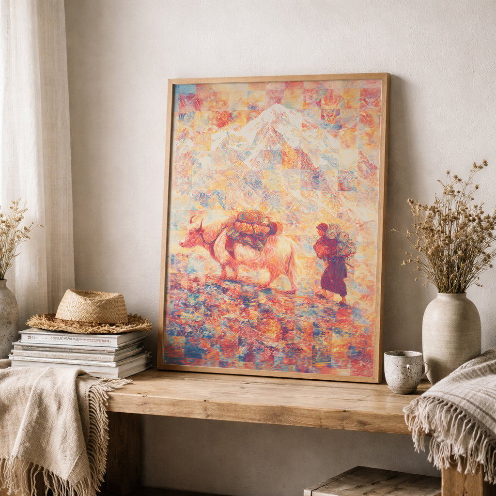 Mount Everest art print styled on a Scandinavian shelf with soft fabrics, featuring a Tibetan yak crossing Himalayan terrain. Surreal Everest illustration combining travel culture with modern Nordic-inspired interiors.